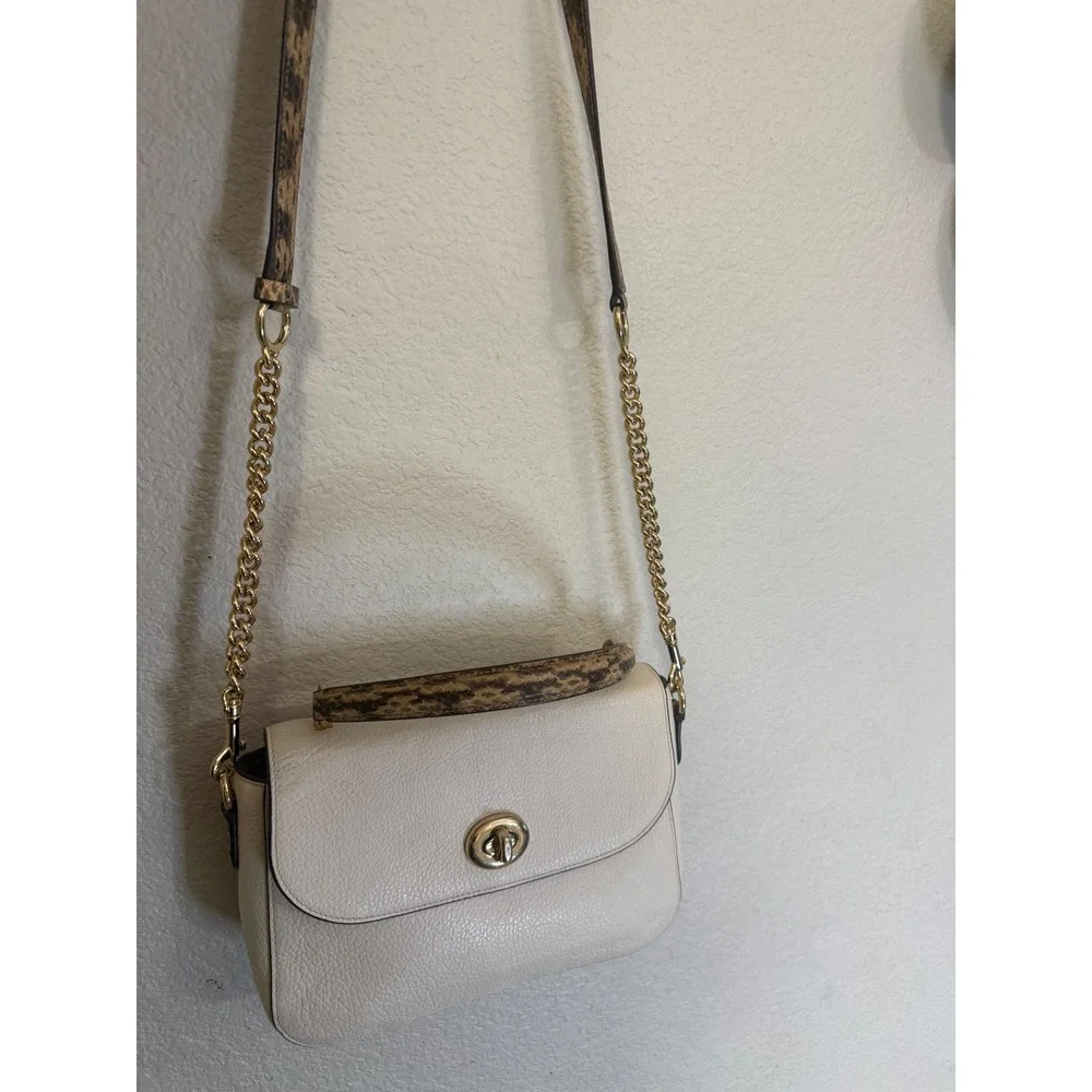 Coach Chalk White Pebbled Leather Top Handle Crossbody Bag Snakeskin Trim Gold